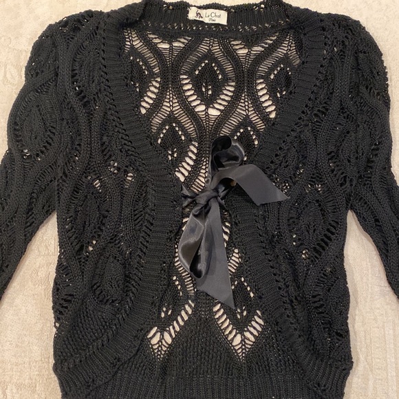 Le Chat Paris. Short Black Open Knit Cardigan with Satin Bow for Closure - Picture 10 of 12